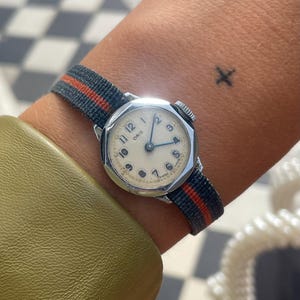 Vintage 1950s Silver Tone Chrome Round Case Manual Wind Up Navy Striped Ribbon Strap Ladies Small Dainty Everyday Dress Wristwatch By Oris