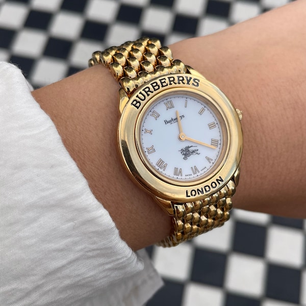 Rare Vintage 00s 90s Quartz Gold Plated Burberrys London Prorsum Mens Unisex Chunky Chain Link Strap Gold Bezel Wristwatch