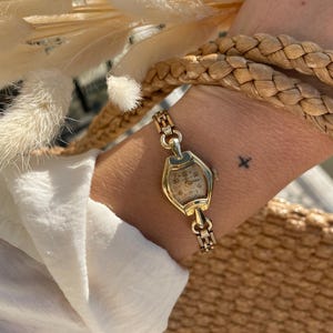Very Rare Vintage 1940s Art Deco 17 Jewels Rolled Gold Wind Up Ladies Cocktail Dress Wristwatch With Gold Link Bracelet Chain by Hermes