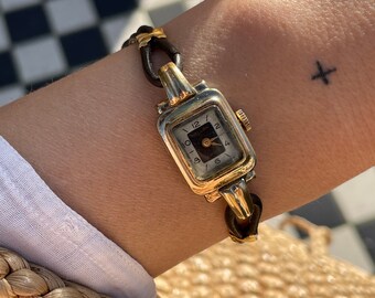 Vintage 1940s Art Deco 15 Rubis Gold Plated Rectangular Tank Dial Brown Leather Cord Original Strap Wind Up Cocktail Wristwatch By  Pallax