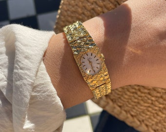 Vintage 1970s 17 Jewels Incabloc Manual Wind Up Oval Dial Diamond Cut Mottled Gold Plated Strap Ladies Cocktail Dress Wristwatch By Limit