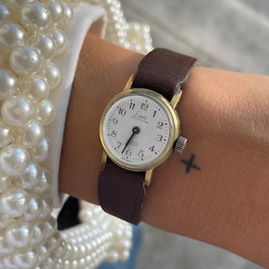 Vintage 1970s/80s Gold Plated Round Bezel White Dial Manual Wind Up Brown Leather Strap Ladies Everyday Wristwatch By Limit