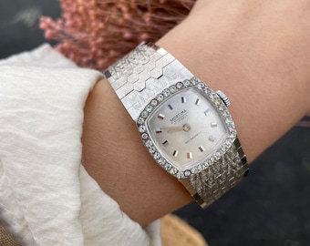 Vintage 1970s 17 Jewels Antimagnetic Manual Wind Up Silver Tone Chrome Chunky Strap Rhinestone Bezel Ladies Cocktail Wristwatch By Mortima