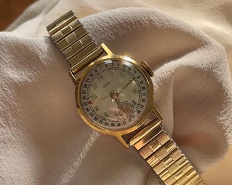 Rare Vintage 1950s Unisex Wind Up Oris Pointer Date Wristwatch With Subdial Gold Plated Ribbed Stretchy Expansion Bracelet Strap