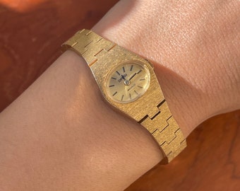 Vintage 1970s Swiss Incabloc Mechanical Wind Up Oval Dial Brushed Gold Plated Bracelet Strap Ladies Cocktail Dress Wristwatch By Corvette