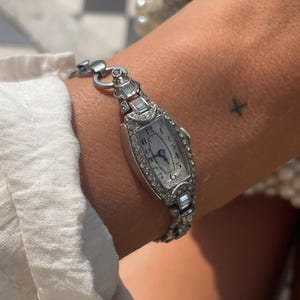 Rare Vintage 1940s Art Deco Silver Tone Swiss Made Wind Up Ladies Cocktail Rhinestone Diamante Encrusted Dress Bracelet Style Wristwatch