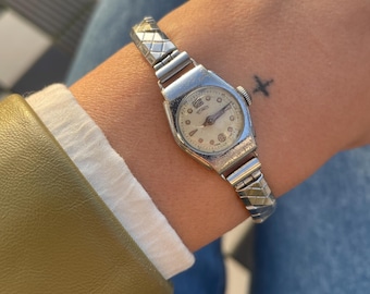 Vintage 1950s Technos Cocktail Wind Up Watch, Silver Chain Link Strap