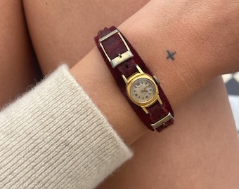 Rare Vintage 1970s Wind Up Gold Plated Bezel & Burgundy Suede Strap Ladies Petite Wristwatch by MuDu