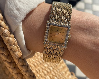 Rare Vintage 1970s Manual Wind Up Gold Plated Brutalist Textured Strap Rhinestone Square Bezel Ladies Cocktail Wristwatch By Golden Crown