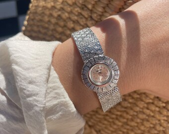 Rare Vintage 1960s Manual Wind Up Round Suburst Bezel Silver Plated Mesh Style Strap Ladies Cocktail Dress Wristwatch By Smiths