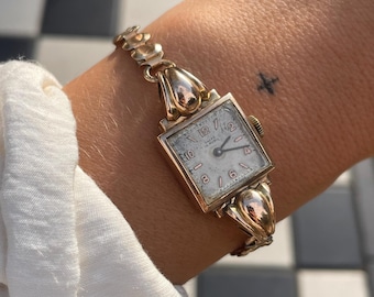 Seltene Vintage 1940er Jahre Art Deco 15 Rubis Vergoldete Handgemachte Mechanische Damen-Cocktailarmbanduhr mit Goldgliederarmbandkette von Ancre