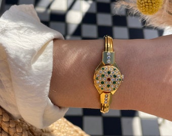 Vintage 1960s Swiss Hand Wind Up Gold Tone Rhinestone Encrusted Bangle Cuff Ladies Cocktail Wristwatch With Hidden Dial By Grovana