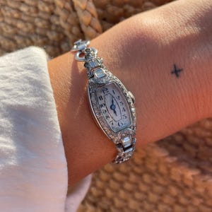 Rare Vintage 1940s Art Deco Silver Tone Swiss Made Wind Up Ladies Cocktail Rhinestone Diamante Encrusted Dress Bracelet Style Wristwatch