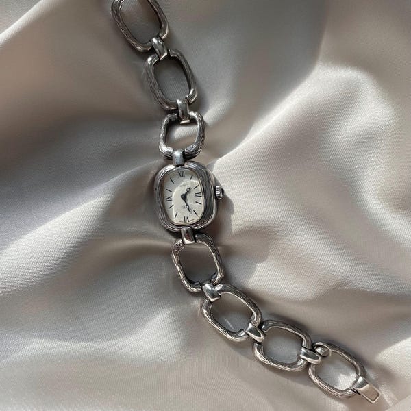 Vintage 1970s Solid Sterling 925 Silver Oval Hoop Link Strap With Oval Bezel Roman Numeral Dial Wind Up Ladies Cocktail Wristwatch By Heno