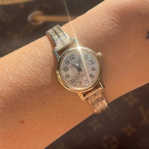 Vintage 1970s 17 Jewels USSR Made Wind Up Round Dial Ladies Wristwatch With Gold Plated Ribbed Dainty Stretchy Bracelet Strap By Sekonda