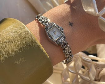 Rare Vintage 1960s Swiss Marcasite Gem Encrusted Strap Wind Up Cocktail Bracelet Style Dress Watch By Derrick