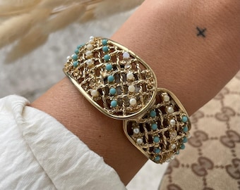 Zeldzame vintage jaren 1970 17 juwelen Incabloc wind-up kralen goudkleurige manchet armband verborgen wijzerplaat dames armband cocktail polshorloge door legioen