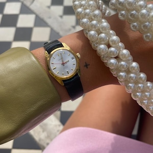 Vintage 1970s Swiss 21 Jewels Automatic Gold Plated Bezel Wind Up Black Leather Strap Ladies Everyday Elegant Dress Wristwatch By Lanco