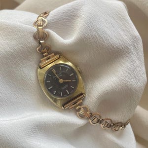Vintage 1970s Swiss Manual Wind Up 17 Jewels Rolled Gold Dainty Strap Brown Dial Ladies Cocktail Bracelet Wristwatch By Paul Jobin