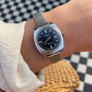 Vintage 1970s St Steel Chrome Automatic Incabloc Dark Blue Watch Dial Steel Mesh Strap Wind Up Wrist Watch With Date Dial By Rone