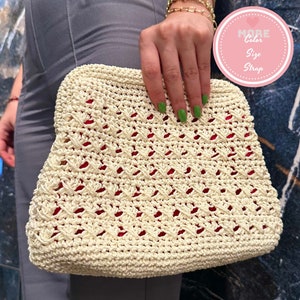 Handgemachte weiße Raffia-Tasche, handgemachte Tasche, handgemachte Clutch mit Riemenoptionen, Clutch Bag Crochet, weiße Brauttasche