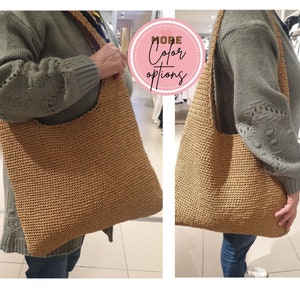 Hand gehäkelte große Schultertasche mit Stofffutter, gehäkelte Raffia Schultertasche, große Einkaufstasche
