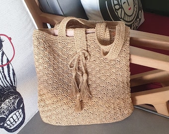 Crocheted Raffia Shoulder Bag, Handmade Paper Yarn Tote