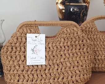 Handmade Raffia Clutch Bag | Crochet Raffia Handbag with Top Handle | Natural Fiber Lined Purse