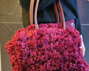 Hand Crochet Shaggy Bag, Burgundy Shaggy Bag, Shaggy Faux Fur Bag, Shaggy Shoulder Bag, Crochet Shaggy Bag, Cloudy Shaggy Bag, Handmade Bag