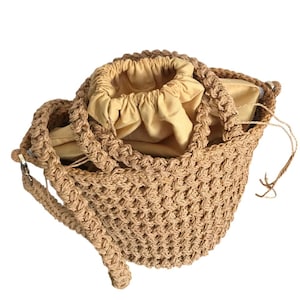 Borsa a secchiello in filato di carta fatta a mano, borsa con coulisse rimovibile, borsa tote con base rotonda naturale, borsa tote in rafia, borsa a secchiello in rafia