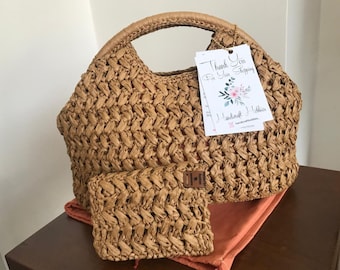 Crochet Raffia Bag and Card Holder Set, Handmade Summer Purse