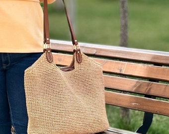 Crochet Raffia Tote Bag, Boho Summer Shoulder Bag