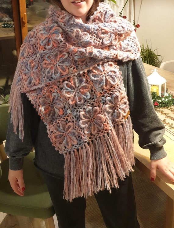 Extra Wide and Long Hand-knitted Wool Shawl, Winter Wool Shawl