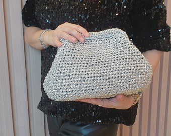 Metallic Silber Raffia Clutch Tasche, Häkeln Metallic Raffia Party