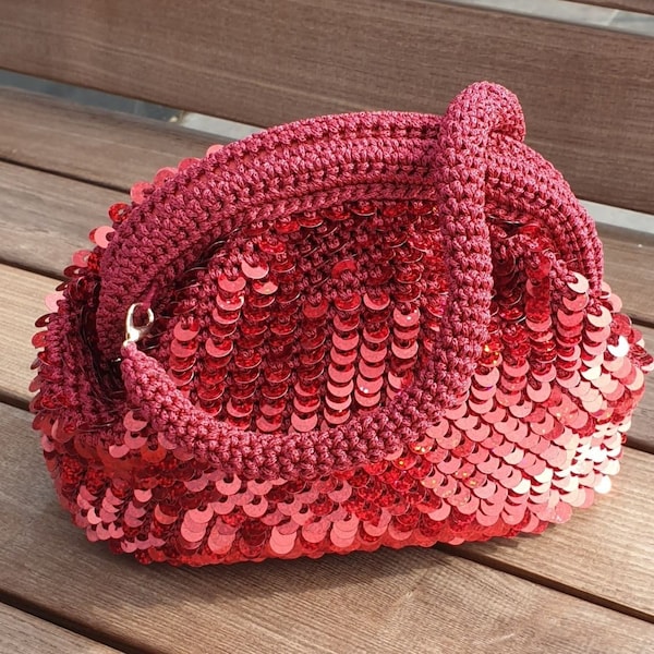 Sac rouge fait main, Sac de soirée à sequins au crochet, Sac à paillettes artisanal, Pochette à sequins, Sac à sequins avec bandoulière amovible, Sac métallique