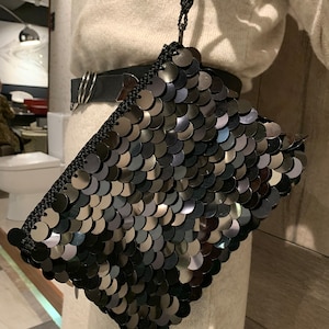 Black Evening Wristlet Purse, Crochet Sequin Wristlet Bag, Handcrafted Party Bag, Sequin Clutch, Wristlet Metallic Bag, Black Wristlet Bag