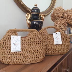 Handmade Raffia Top Handle Clutch, Natural Straw Crocheted Bag