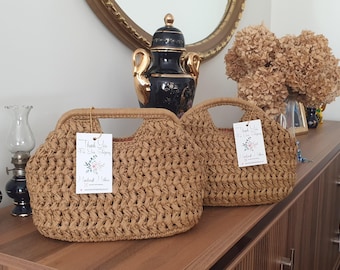 Handmade Raffia Top Handle Clutch, Natural Straw Crocheted Bag