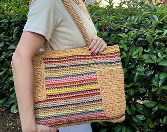 Handmade Striped Raffia Tote Bag, Natural Straw Shoulder Bag