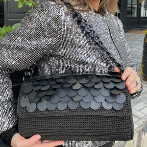 Black Evening Purse, Black Bag, Mother&#39;s Day Gift, Crochet Sequin Bag, Handcrafted Bag, Sequin Evening Bag, Black Crochet Bag