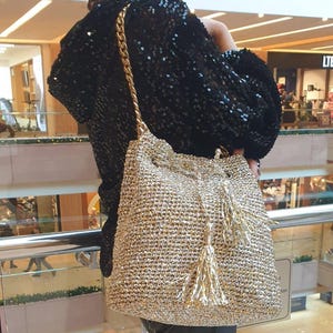 Sparkling Metallic Bucket Bag, Metallic Bucket Bag, Crochet Metallic Raffia Bag, Handmade Luxury Shoulder Bag, Metallic Shoulder Bag