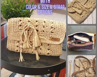 Hand Crochet Raffia Clutch, Clutch with straps, Crochet Raffia Clutch, Boho Raffia Clutch, Handmade Raffia Clutch, Shoulder Bag Wristlet Bag