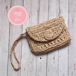Monedero de pulsera de ganchillo, Monedero de pulsera de rafia de ganchillo, Cartera de rafia, Clutch de rafia de ganchillo, Monedero de pulsera de ganchillo a mano con hilo de papel