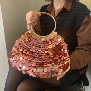 Crochet Sequin Evening Bag, Handcrafted Party Handbag, Rose Gold