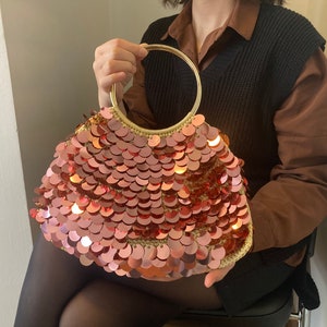 Crochet Sequin Bag, Handcrafted Party Bag, Sequin handbag, Rose Gold Evening Bag image 1