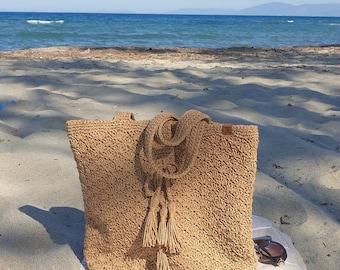 Raffia Bag, Crocheted Raffia Tote Bag, Straw Beach Bag, Crochet Summer Bag, Crochet Raffia Handbag, Raffia Bag, Paper Yarn Bag