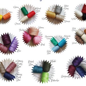 May include: Assortment of colorful embroidery floss spools arranged in a circular pattern on a wooden surface. Each spool is labeled with a color name, such as "Green", "Vibrant Red", "Cream", "Salmon", "Pink", "Aquamarine Green", "Turquoise Blue", "Dusty Rose", "Lilac", "Baby Blue", "Glittery Bronze", "Glittery Dusty Rose", "Patrol Blue", "Khaki", "Pistachio", "Burgundy", "Dark Purple", "Dark Blue", "Damson", "Beige Cream", "Mystar", "Natur Crea", "Silver Gray", "Gold", "Bronze", "White", "Black", "Twerly", "Juchsia", "and "Glittery Dark Blue".