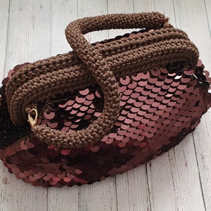Brown Evening Purse, Crochet Sequin Bag, Handcrafted After Party Bag, Sequin Clutch, Metallic Bag, Brown Crochet Bag