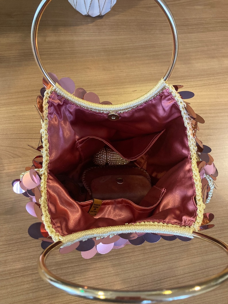 Crochet Sequin Bag, Handcrafted Party Bag, Sequin handbag, Rose Gold Evening Bag image 6