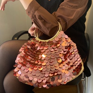 Crochet Sequin Bag, Handcrafted Party Bag, Sequin handbag, Rose Gold Evening Bag image 2